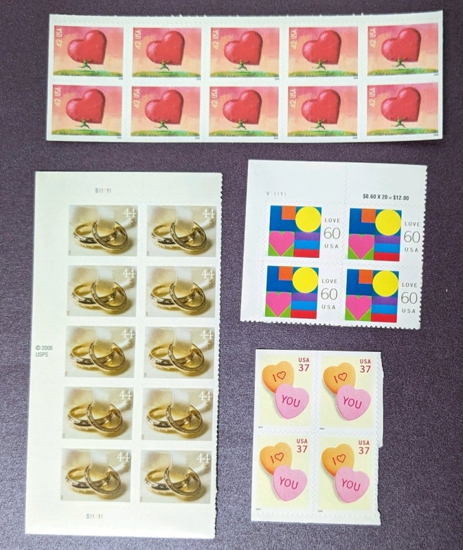 2002, 2004, 2008, 2009 US Postal ' Love& Marriage Themed ' 37, 42, 44, 60 Cent Postage Stamp Panels - 28 Stamps Total