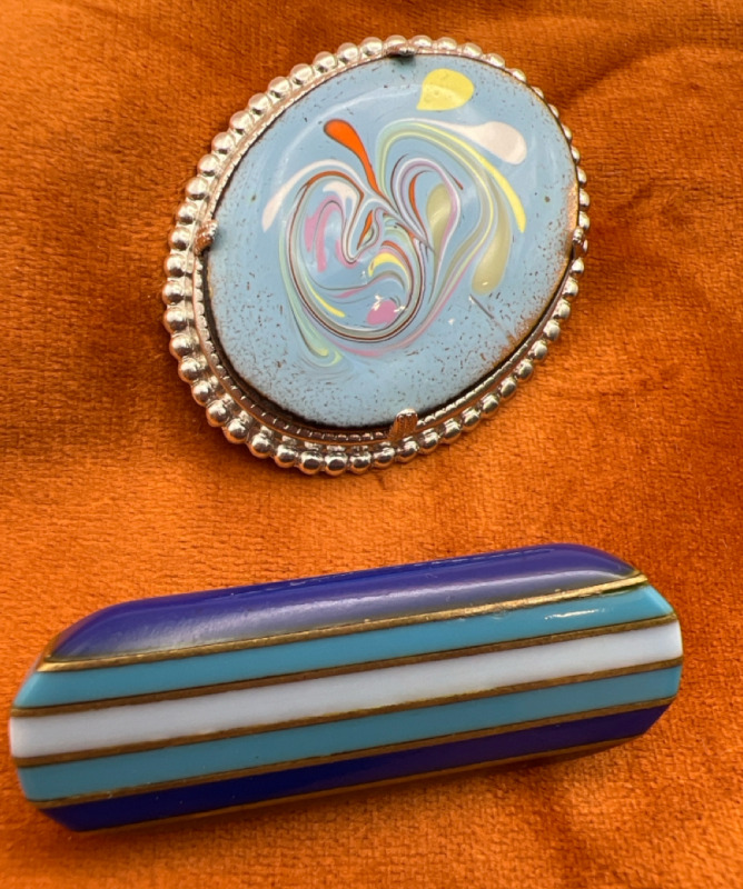 Two fabulous MCM Blue Brooches Enamel and Lucite