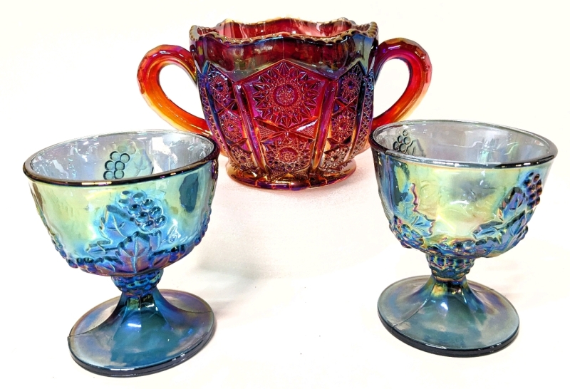 Vintage Indiana Carnival Glass Iridescent Red Open Sugar Dish & 2 Blue Carnival Glass Footed Glasses / Compote Dishes