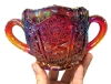 Vintage Indiana Carnival Glass Iridescent Red Open Sugar Dish & 2 Blue Carnival Glass Footed Glasses / Compote Dishes - 2