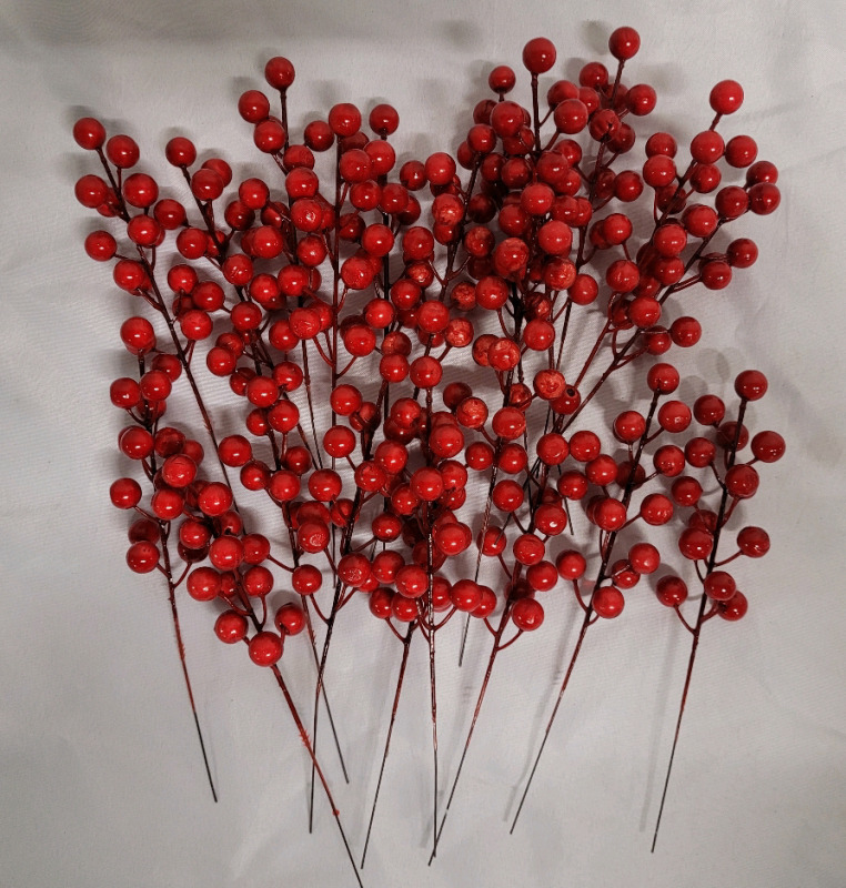 New - 20pc Artificial Red Berries on Stems , measures 8.5" long