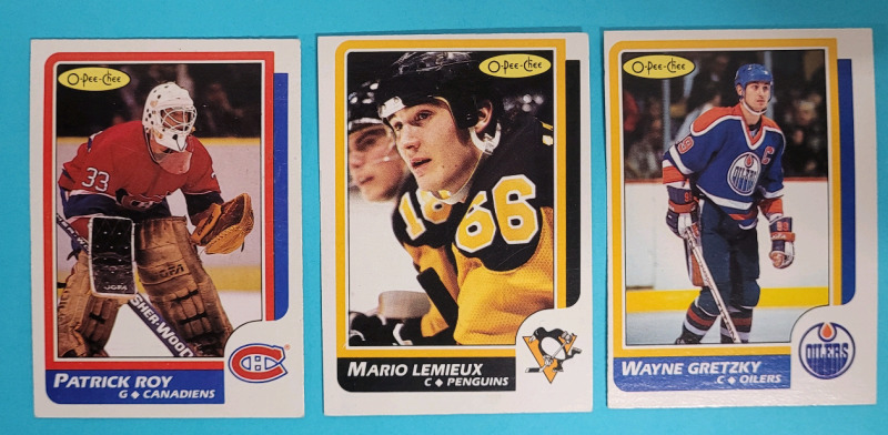 1986 - 87 OPC NHL Hockey Trading Cards . Patrick Roy Rookie Card , Lemieux & Gretzky