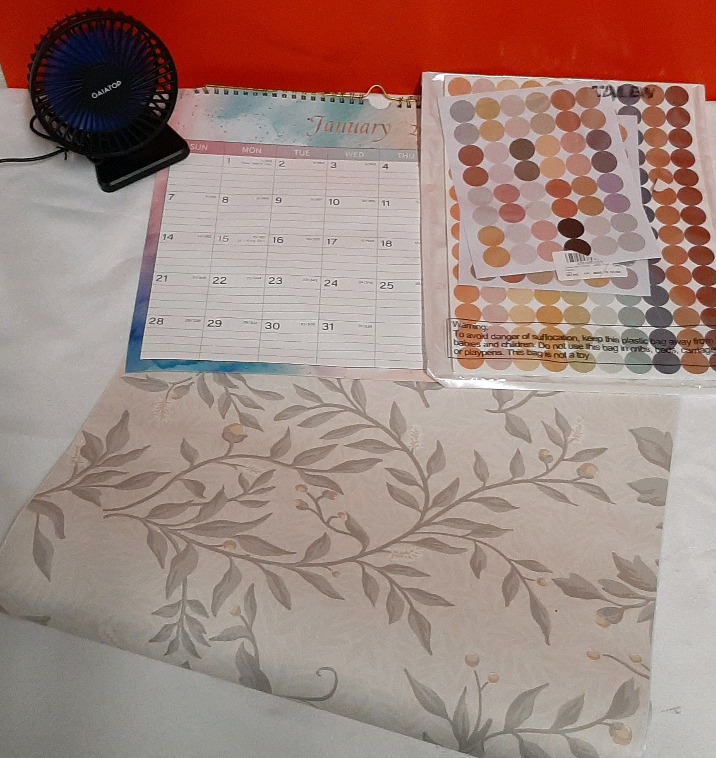 New Mixed Lot 1 2024 Calendar, 1 Package of Multicolored Stickers 1 Roll of Peel and Stick Vinyl Paper and a Small USB Fan