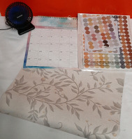 New Mixed Lot 1 2024 Calendar, 1 Package of Multicolored Stickers 1 Roll of Peel and Stick Vinyl Paper and a Small USB Fan