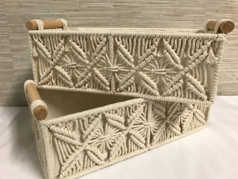 2 Organizer Bins With Macramé design 13 x 6.5 x 4 in & 12 x 5.5 x 4 inches