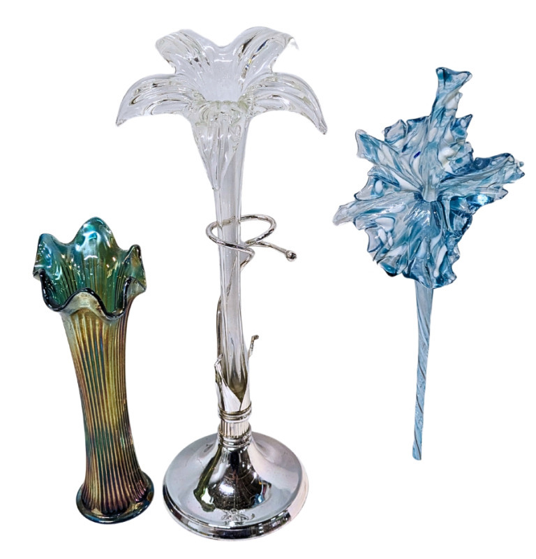 Vintage Carnival Glass Flower Vase & 2 Single Stem Flower Vases