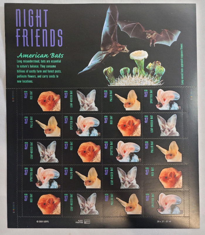 2001 US Postal ' Night Friends : American Bats ' 37 Cent Postage Stamp Panel , 20 Stamps