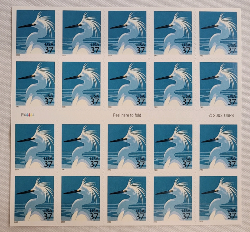 2003 US Postal ' Snowy Egret ' 37 Cent Postage Stamp Panel , 20 Stamps