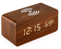 New - Wooden Digital Clock with Wireless Charger for Cellphone