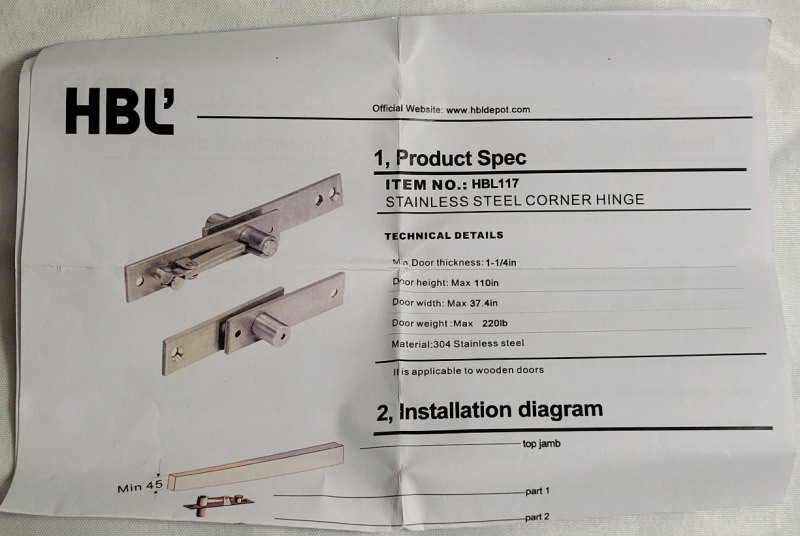 New - HBL' Stainless Steel Corner Hinge , Model # HBL117