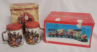 Porcelain Christmas Train Set in Box & Christmas Tin Shaker Canisters