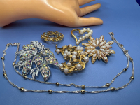 Five Vintage Pearl Rhinestone Brooches Elegant Napier signed Necklace