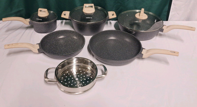 New - CAROTE 9pc Non-Stick Cookware Set . Pots , Pans with Lids & Stainer