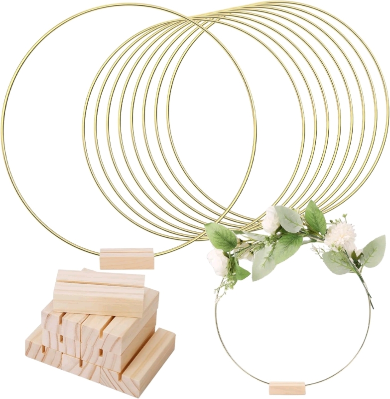 New Sntieer 6pcs 19" Gold Metal Hoops with Wood Stands for Crafts / Macrame / Floral Arrangements
