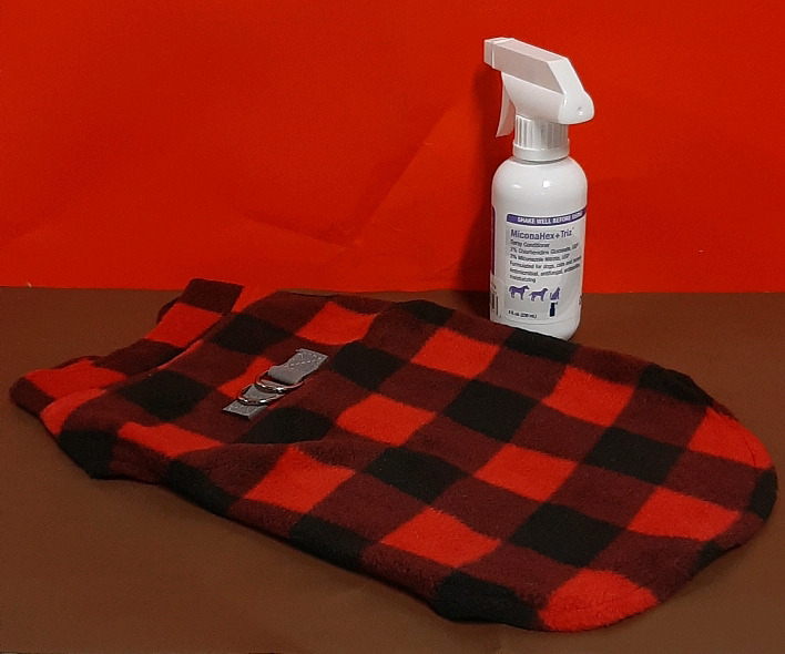 New Buffalo Plaid Dog Coat Size Large 9 x 15" and a Bottle of Spray Conditioner for the Dog