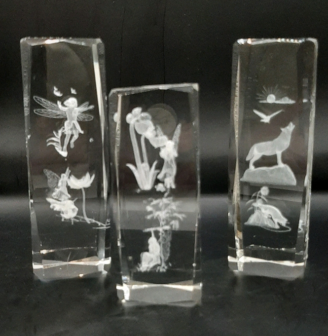 3 Vintage Laser Etched Crystal Paperweights