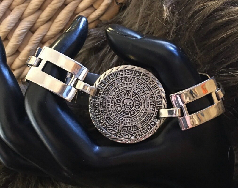 925 Sterling Silver Aztec Statement Bracelet Sun Calender