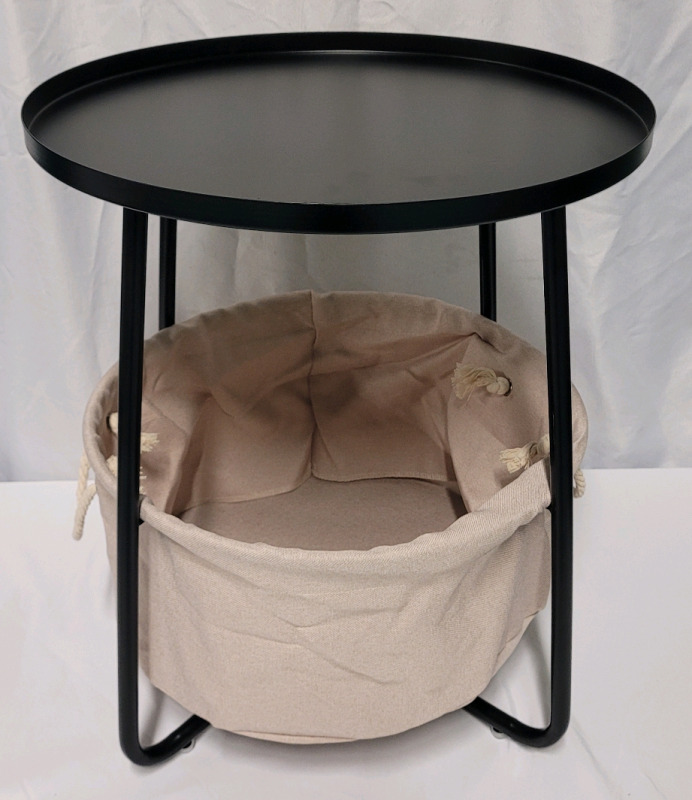 New - Small Round Side Table with Basket , Black . Measures 21" tall & 18" diameter