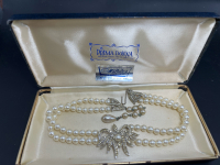 Vintage 2 Strand Pearl Rhinestone Necklace