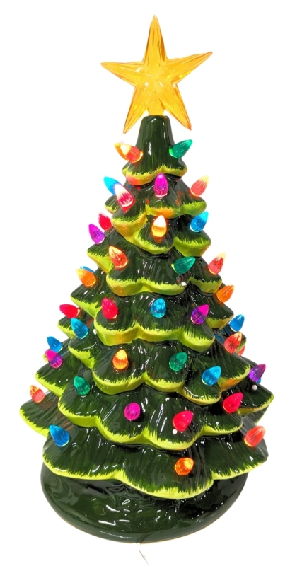 New 12.5" Tall Light-Up Ceramic Christmas Tree (Green/White)