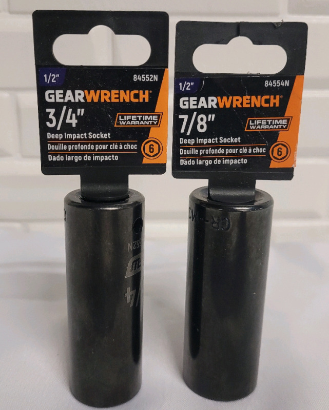 New - Gearwrench 1/2" × 7/8" & 1/2" × 3/4" Deep Impact 6 Point Sockets . Two (2) Sockets