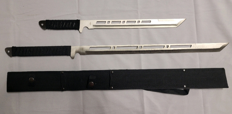 New - Dual Sword Vented Blade Ninja Sword Set with Over Shoulder Blade Holder . Swords measure 18" & 27" Long
