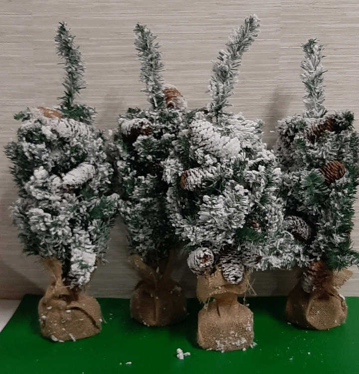 4 Flocked Pine Trees with Pine Cones and Burlap Wrapped Bases 22" high