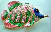 Large Rhinestone Enameled Fish Brooch