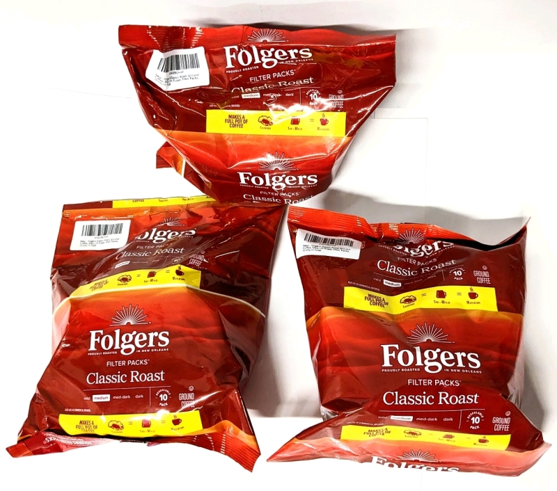 30 New FOLGERS Filter Packs : Classic Medium Roast Ground Coffee (3 packs of 10 filter packs each)