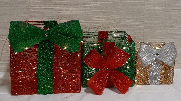 Christmas Decor 3 Illuminated Gift Boxes Largest 10W x 9.75H x 10" D
