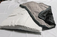 Memory Foam Pet Bed with Blue and Gray Cover. The bottom of the cover is non slip 33L x 21W x 2.25"D