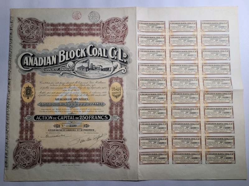 Vintage 1922 CANADIAN BLOCK COAL CY. LD. Anonimous Society Capitol Shares Stock Certificate
