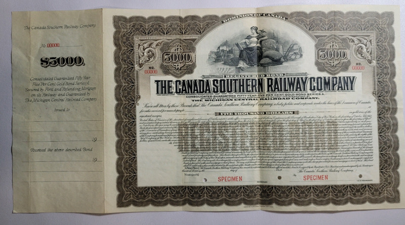 Vintage THE CANADA SOUTHERN RAILWAY COMPANY Bond . Specimen