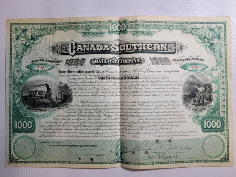 Vintage 1913 CANADA SOUTHERN RAILWAY COMPANY Registered Bond