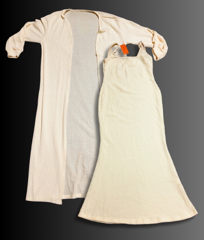New Shein SXY 2-Piece Cream Ribbed Sleeveless Dress with Matching Long Sleeve Over Coat (Size Large)