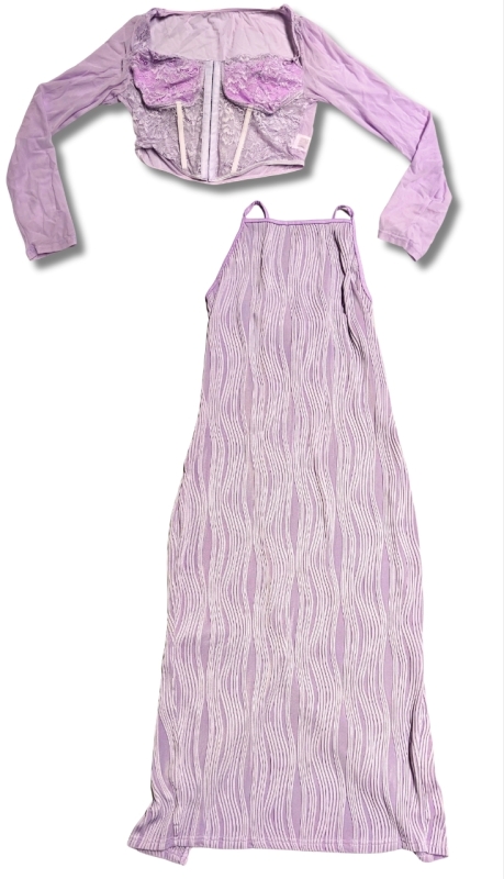 New Lovely Lavender Long Strappy Sleeveless Dress & Lacey Long Sleeve Corset (Size Large)