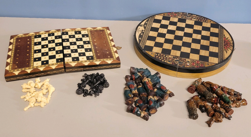 Two (2) Small Travel Wood Chess Cases with Pieces , Both Complete