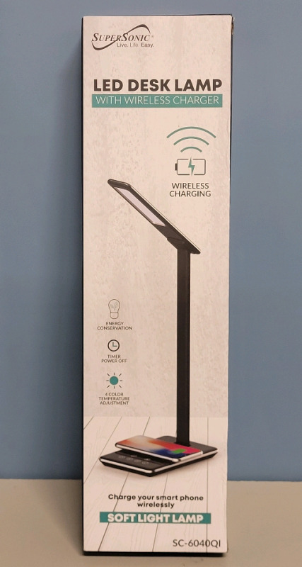 New - LED Soft Light Desk Lamp with Wireless Phone Charger . Sealed Box
