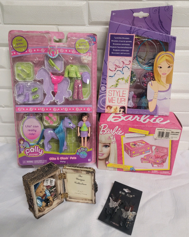 Little Girls Toy Lot : Barbie Jewelry Box , Pollyanna Pockets , Jewelry Craft , Hair Clips