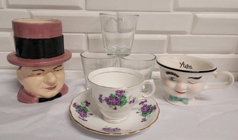 Collectible Cup Lot : Colclough Cup & Saucer , Baileys Mug , Top Hat Man , 3 Clear Glasses