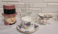 Collectible Cup Lot : Colclough Cup & Saucer , Baileys Mug , Top Hat Man , 3 Clear Glasses