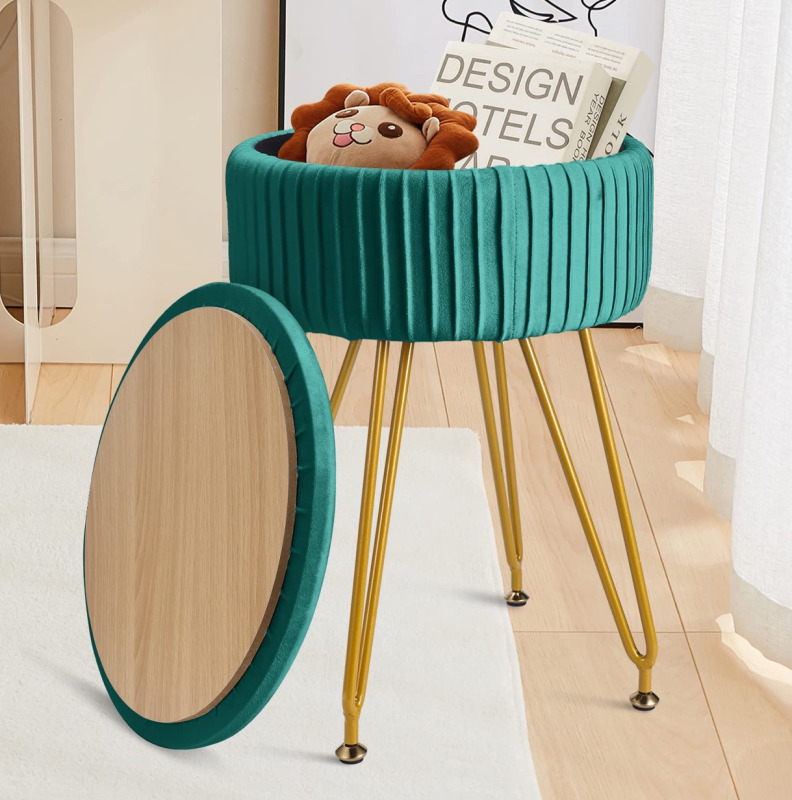 NEW ECOMEX Velvet Round Storage Ottoman with Metal Legs, Removable Tray Cover, Upholstered Pleated Round Ottoman with Storage Round Footstool Makeup Vanity Stool for Home Living Room Bedroom, Green