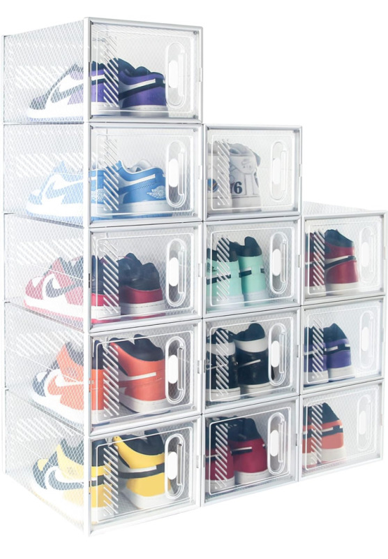 NEW Hrrsaki 12 Pack XX-Large Shoe Storage Boxes, Shoe Boxes Clear Plastic Stackable, Shoe Organizer Boxes with Lids, Shoe Container Boxes for Closet, Bedroom, White