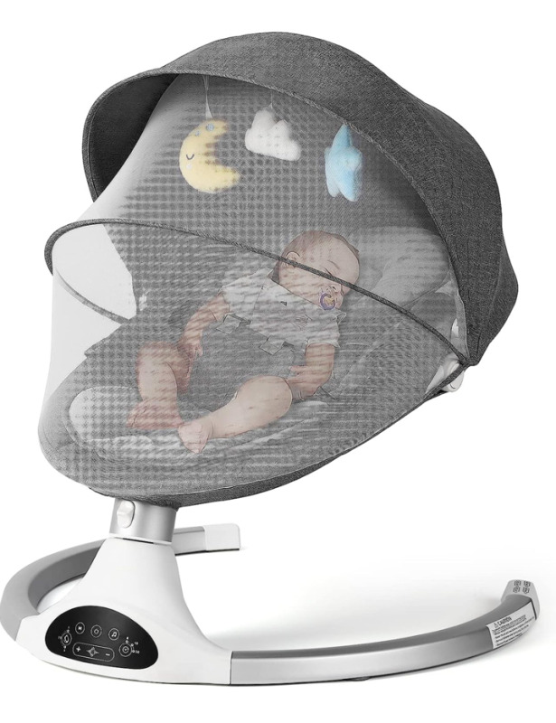 KIDINIX Infant Swing with Bluetooth, 10 Lullabies, 3 Speeds, Harness and Remote Control - Natural Rocking Motion, Hanging Toys Included, Grey