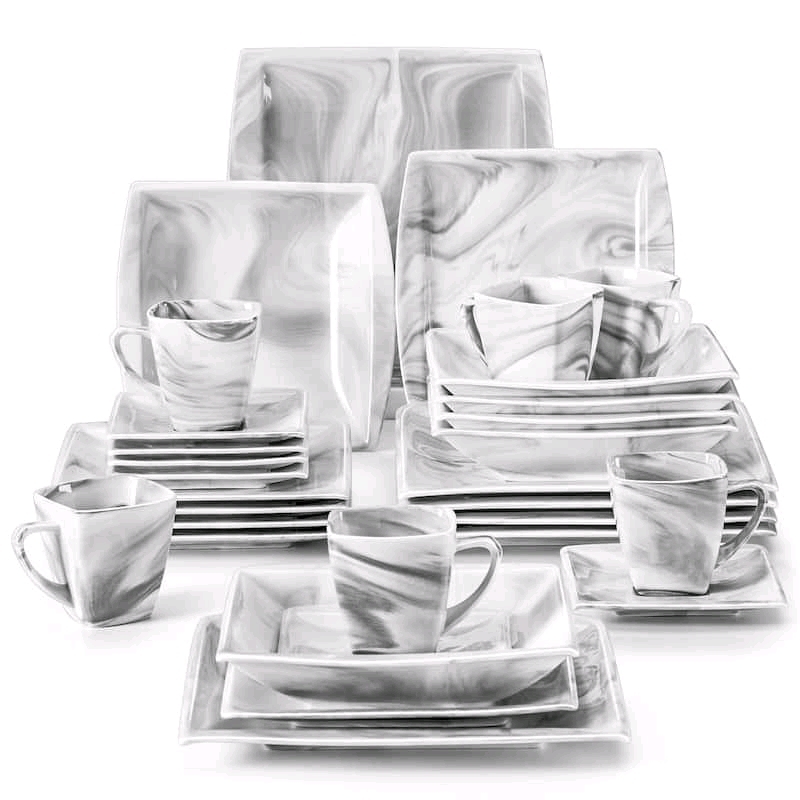 New - MALACASA Blance 30-Piece Square Dinnerware Set , Service for 6 - Marble Grey