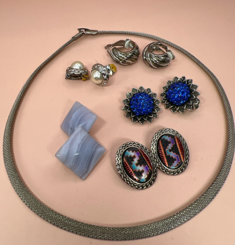 Mesh rigid Choker Clip on Earrings Lace Agate Rhinestone