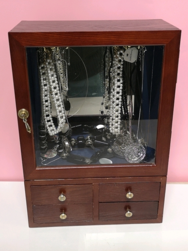 Large Wooden Jewelry Box with Jewelry Pieces