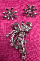 Modernist pink Rhinestone figural Brooch Earrings