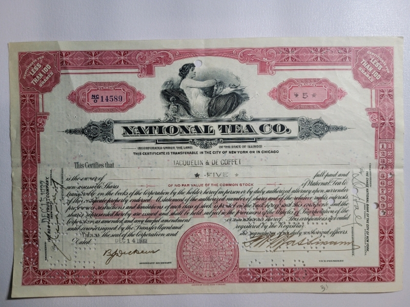 Vintage 1932 NATIONAL TEA CO. Stock / Common Shares . Five Shares Issued Dec.14/1932