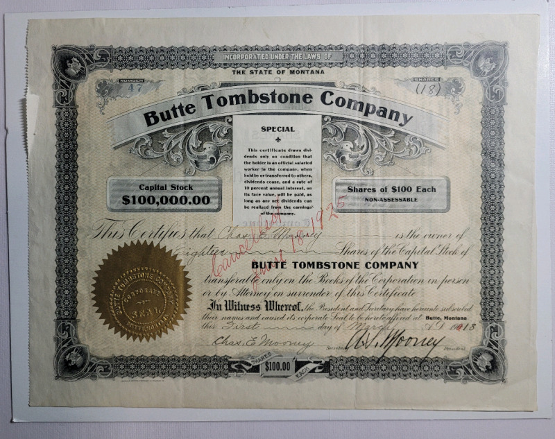 Vintage 1918 BUTTE TOMBSTONE COMPANY Stock / Common Shares . Canceled 1925